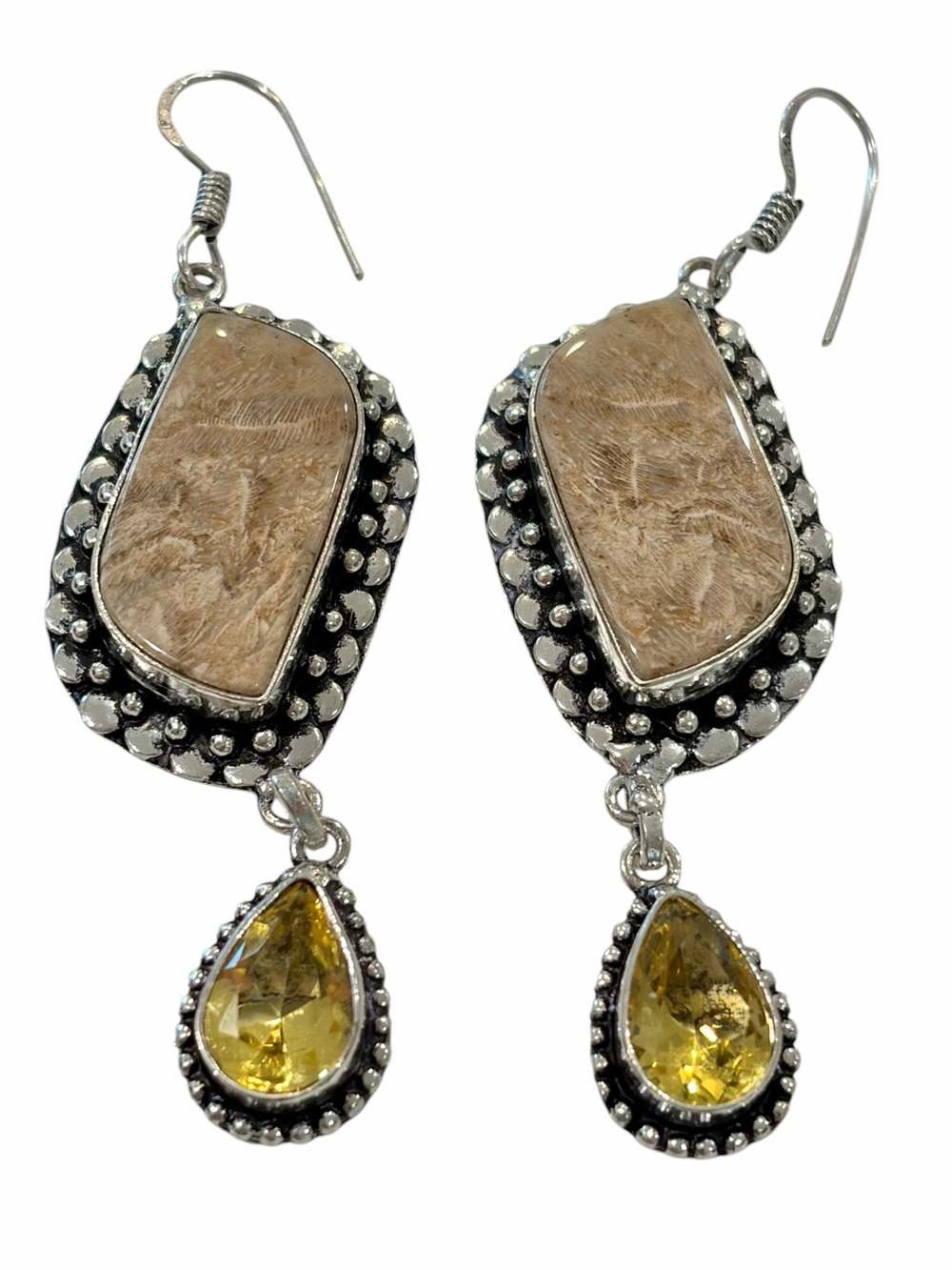 Sterling Silver Stamped Jasper & Citrine 3" long Earrings